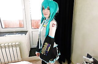 Ultra-cutie Vocaloid Hatsune Miku came to visit a admirer after the concert, sucked his cock and fucked him