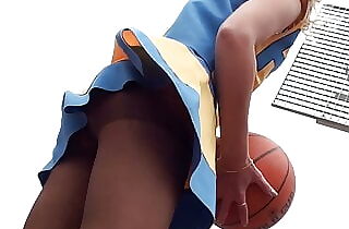 Lorine in Cheerleader Uniform and Stocking Shooting Ball and Demonstrating