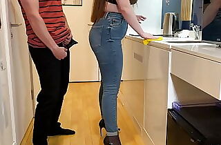 Step mom pulled down her jeans so I can jerk off and cum on her stockings arse