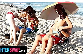 Daughter Exchange - Horny Teens Entices Each Other's Dad By Getting Braless While Sunbathing